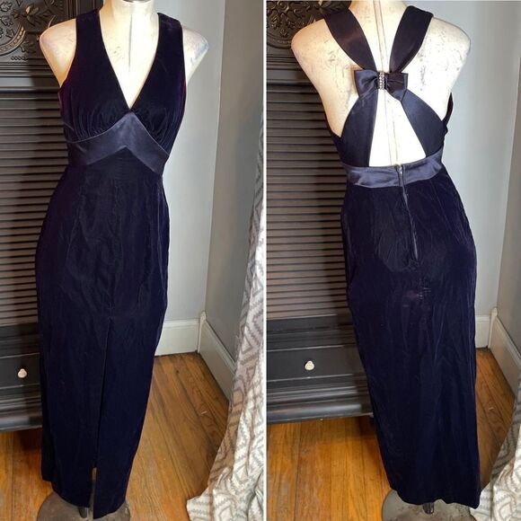 90s Vintage De Laru Linda Bernell Velvet Gown‎ Front Slit Bow Rhinestone 5/6 - Picture 2 of 16